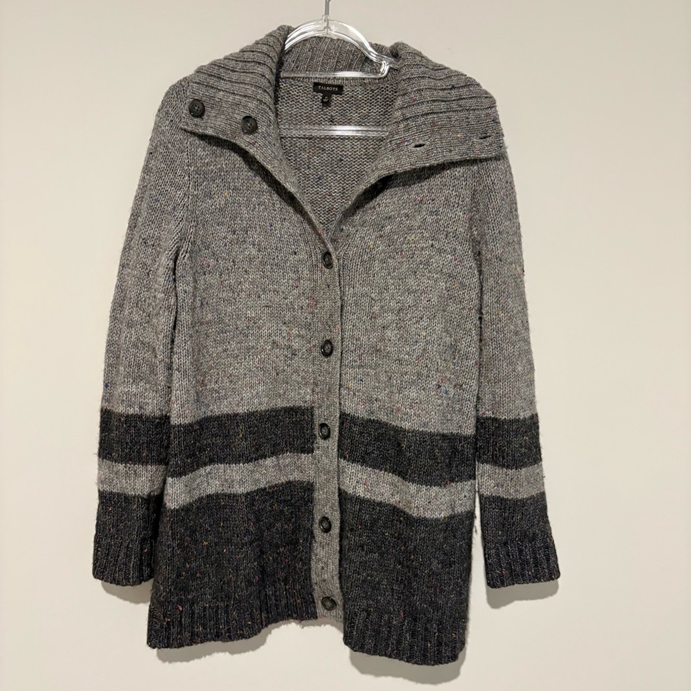 Talbots Striped Wool marled Blend Long Button Down Cardigan sweater Size Medium